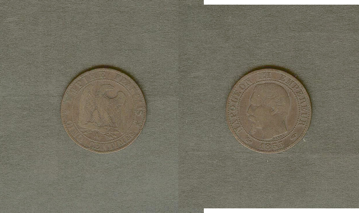 Cinq centimes Napoléon III, tête nue 1855 Paris TB+